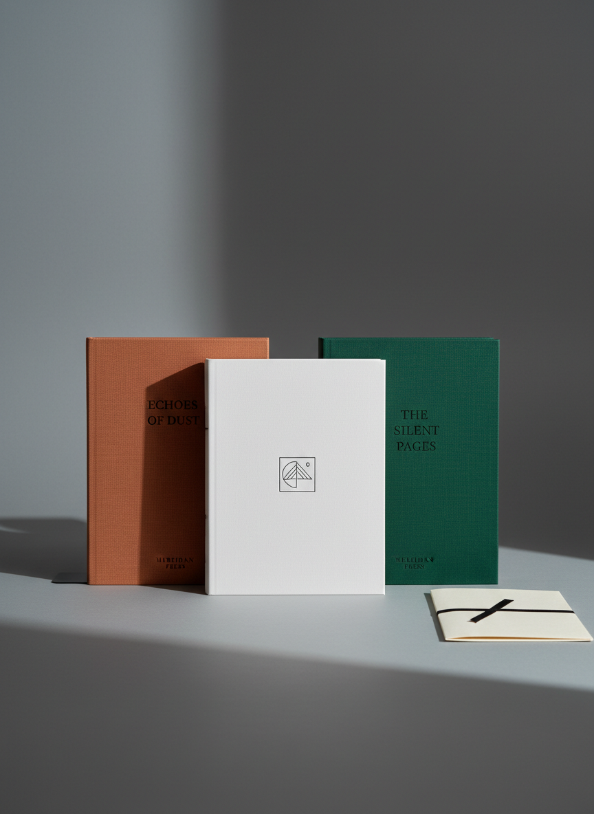 An elegant still life of three distinct Meridian Press titles arranged upright in a staggered row: one minimalist white cover with a small geometric illustration, one deep forest-green with blind-embossed title, and one warm terracotta with a subtle fabric texture. Behind them, a subdued, matte-gray backdrop and a single vertical strip of soft, cool studio light from the left create a refined gradient shadow. At the base, a thin black metal bookend and a slim, closed manuscript folder hint at the publishing process. Photographic realism, front-facing composition with symmetrical balance, crisp focus throughout, expressing independent, design-conscious literary publishing.