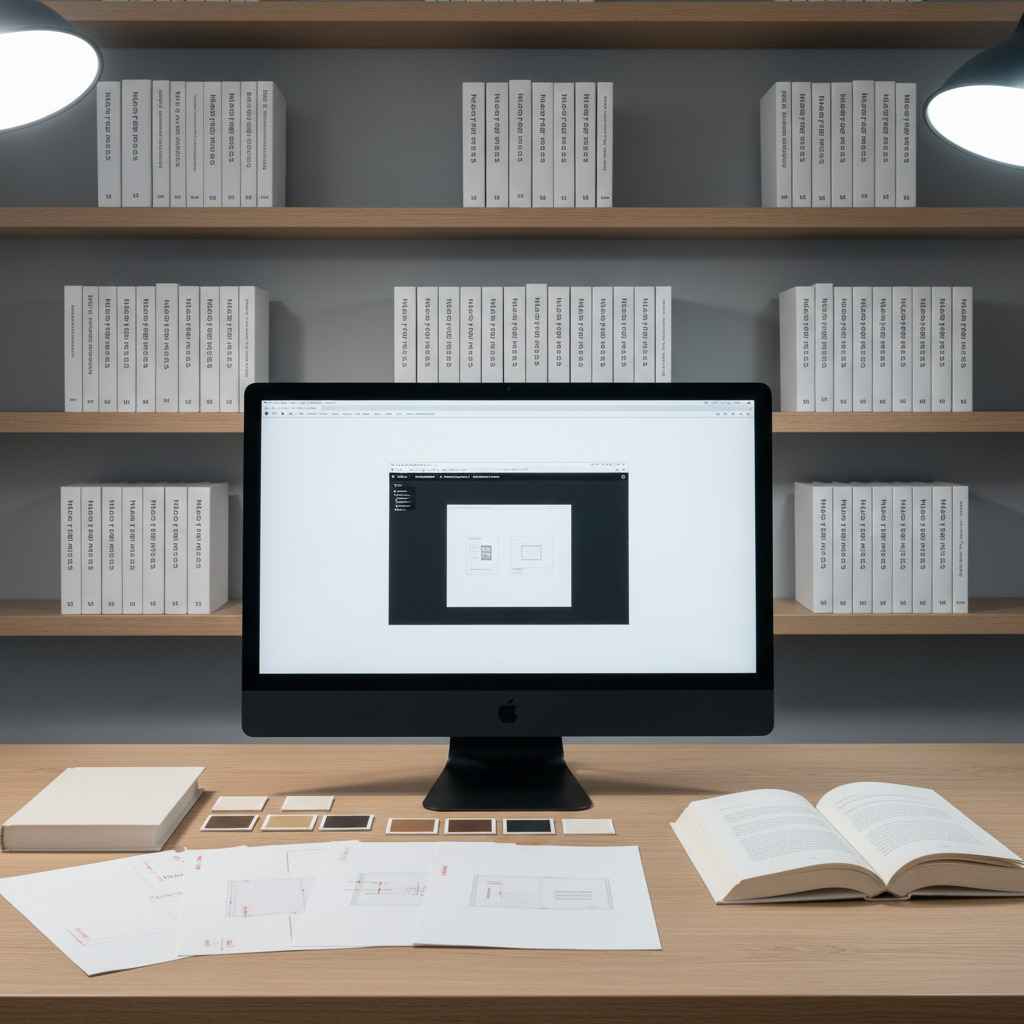 An uncluttered, modern editorial workspace featuring a large matte-black monitor displaying a clean book layout in a minimalist design, surrounded by neatly arranged printed proofs, color swatches, and a single open hardcover book with creamy, uncoated pages. The desk is a smooth, light oak surface against a neutral gray wall lined with evenly spaced shelves of neatly ordered literary titles from Meridian Press. Cool, indirect studio lighting creates even illumination with gentle gradients of shadow, emphasizing details without harsh contrast. Photographic realism, shot from a slightly elevated angle with balanced composition, conveying precision, professionalism, and thoughtful literary craftsmanship.