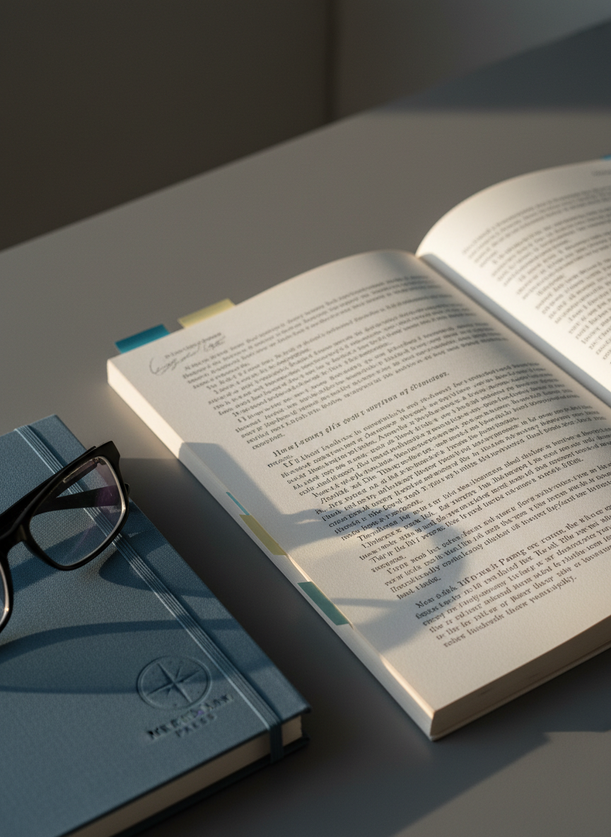 A close-up photographic view of an open literary manuscript printed on slightly textured, off-white paper, the pages marked with fine pencil margin notes and delicate colored sticky tabs. The manuscript lies on a slate-gray desk beside a cloth-bound notebook embossed with the subtle Meridian Press emblem and a pair of sleek, black reading glasses folded neatly. Soft afternoon light from the right creates fine shadows in the paper’s grain and a calm, focused mood. Shot with a shallow depth of field from a 45-degree angle, the center lines of text are in sharp focus while edges fall into gentle blur, emphasizing careful editing and intellectual rigor.