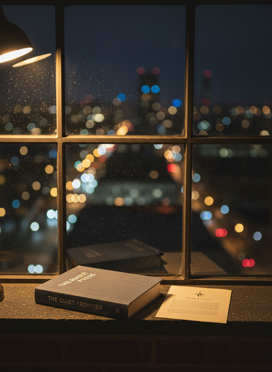 A night-time cityscape seen through a large loft window, lights of the city softly blurred into bokeh, while in the foreground a solitary Meridian Press book with a charcoal-gray, cloth-bound cover and simple white title rests on a dark stone windowsill. Beside it lies a single, folded typescript page with the publisher’s logo in the corner. A warm, focused reading lamp casts an intimate pool of light over the book’s textured surface, catching faint dust motes in the air. Photographic realism, low-angle close-up with the city glow forming an abstract backdrop, creating a contemplative, introspective mood that reflects independent, boundary-pushing literature.