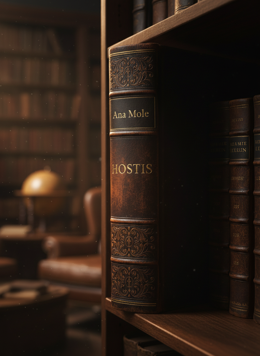 A dark, atmospheric close-up photograph of a book spine with elegant, distinctive typography. The spine clearly reads 'HOSTIS' in refined serif lettering, and above it the author name 'Ana Mole'. The book stands in a dimly lit, old library with deep shadows and warm highlights, cinematic lighting, rich contrast, professional publishing aesthetic, moody and sophisticated, high detail, realistic photography.