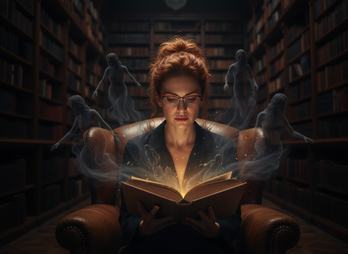 Realistic cinematic photograph inside a dark, atmospheric grand library with towering bookshelves fading into shadow. A modern woman in her late 30s or early 40s sits slightly off-center in a leather armchair under a warm reading lamp. She has natural red curly hair gathered into a loose messy bun and wears subtle modern eyeglasses. Her skin has realistic texture (not overly smooth, not stylized), clearly photographic, not an illustration. She looks emotionally absorbed and deeply moved while reading an open book in her hands. The woman is not too dominant in the foreground — balanced composition. From the open book and around her emerge multiple semi-transparent shadowy figures (4–5 in total), drifting and swirling in the air like dark mist or literary spirits. Some float upward from the pages, others hover gently behind her, partially dissolving into the surrounding darkness. The figures are elegant, atmospheric, slightly reminiscent of dark fantasy spirits but subtle and refined, not monstrous. They should convey the feeling that the book is pulling her into its world. Cinematic lighting, warm light on her face, deep shadows around, sophisticated literary publishing aesthetic, realistic photography, elegant and serious tone, no visible text or branding.