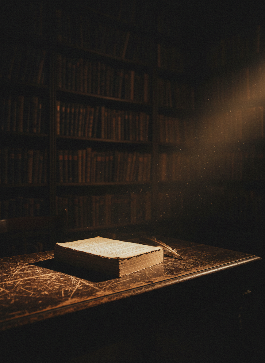 Dark, atmospheric cinematic photograph inside an old historic library at night. Strong chiaroscuro lighting, deep shadows, textured wooden desk with scratches and imperfections. A thick, slightly worn manuscript with rough, uneven edges placed off-center. Dust particles visible in a warm side light beam. Background bookshelves fading into darkness. Intense, moody, raw literary atmosphere. Not clean, not minimal — edgy, tactile, with grain and subtle haze. Muted warm-brown tones and deep shadows, cohesive with a dark fantasy publisher aesthetic. High detail, realistic photography, no visible book titles.