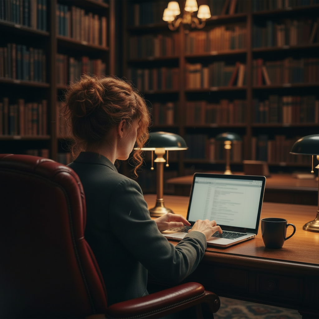 Portrait of author Ana Mole seen from behind at a wooden desk in a dim library, focused on her laptop as she works on a manuscript for Meridian Press, shelves of books softly blurred in the background.