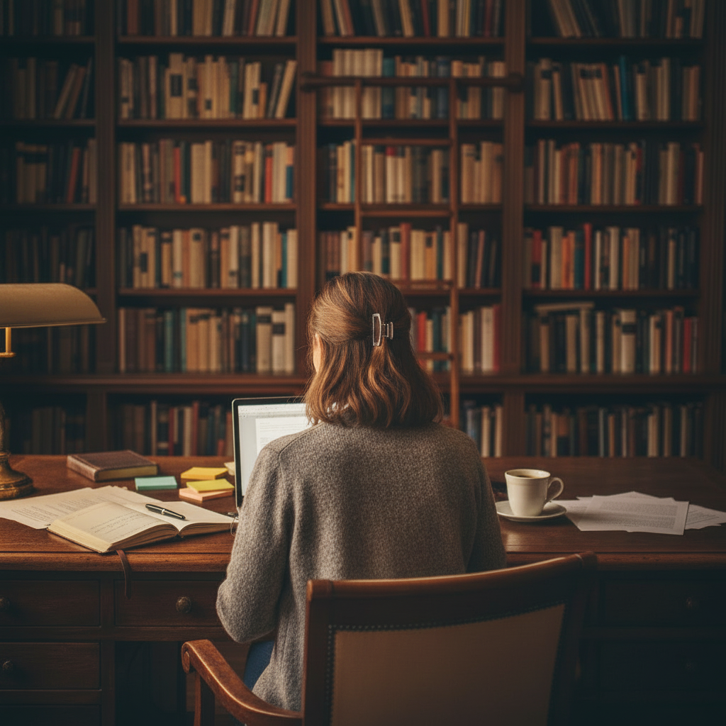 Author portrait of Bella Sorriso in a library setting, softly lit with a gentle smile, captured in a square, editorial-style photograph for Meridian Press.